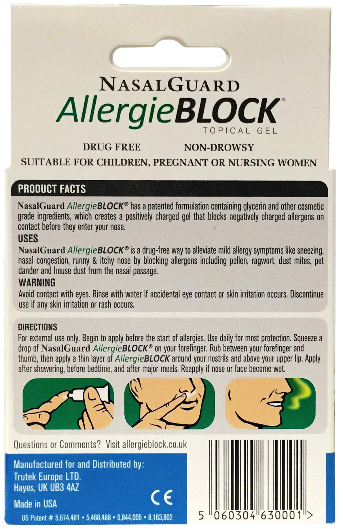 NasalGuard AllergieBlock - Allergy Relief Gel - Drug-Free, Unscented, 3g Tube